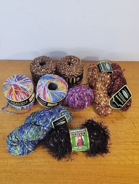 Lot Of 9 Skeins Of Specialty Yarn Bernat, Caron, Catalina, Majesty